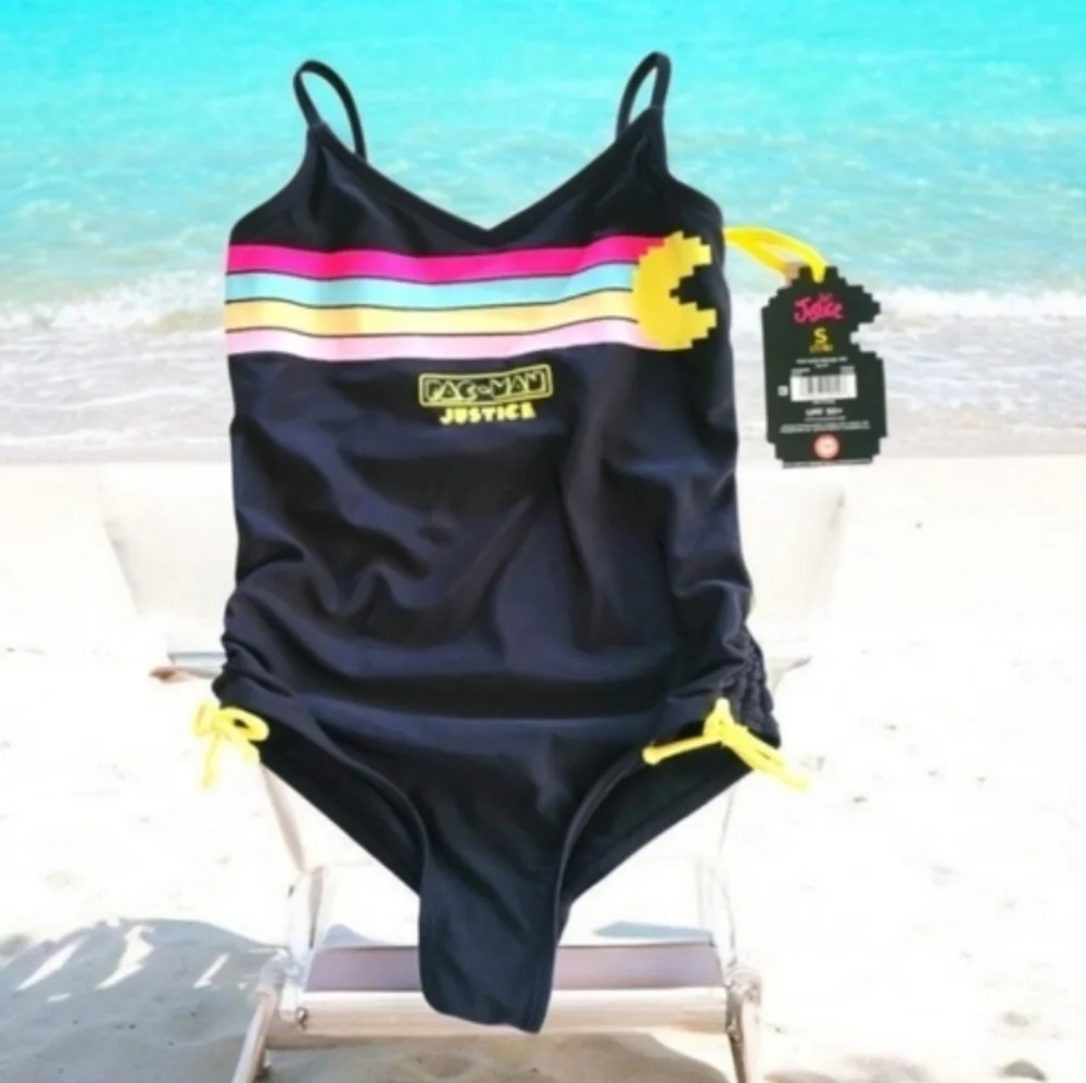 Justice Pac Man Black and Pink Striped 80s Retro Swimsuit Size Small Girls